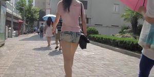 Street candid teen ass wrapped in tiny jeans shorts