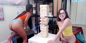 Dorm hotties play some jenga till they give in and just play with each other