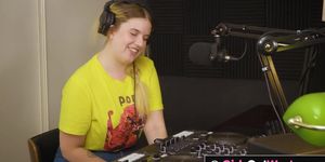 Curvy blonde with big tits licks unshaved cunt and asshole in the podcast studio