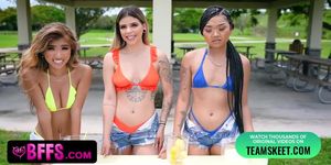 Lucky Stud Offers Money To Three Perfect Hot BFFs In Bikini If They Agree To Please Him In His Place