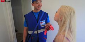 Busty Blonde Bimbo Gets Offers By Giving It To Asian Mailman - Bananafever (Haley Spades)
