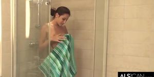 MILF from Hungary fucks herself in the shower stall