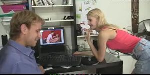 Slim small tits blonde rides another dick