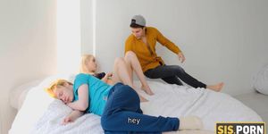Sisporn. Boy Is Resting On Bed Not Noticing Blond Girlfriend Having Sex With Stepbro