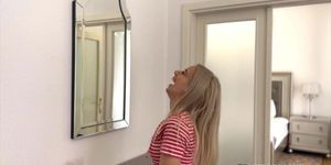 Nesty is a tiny petite blonde pornstar. I made this homemade POV video with her in her hotel room.