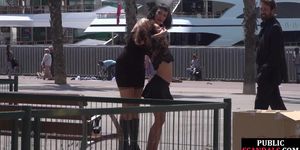 PUBLIC DISGRACE - Shameless 19yo whipped outdoor at public place by BDSM fem