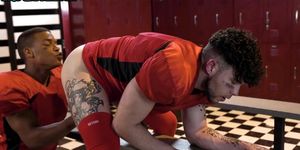 INTOGAYSEX - White stud anally fucked by BBC teammate in locker room