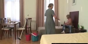Young guy bangs mature cleaning lady