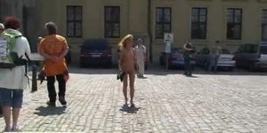 Hot blonde shows her slim body in public