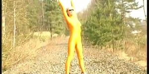 Katherina in yellow spandex in nature