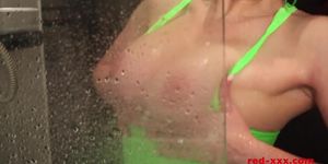 Busty mature redhead RedXXX fucks her dildo while showering (Red XXX)