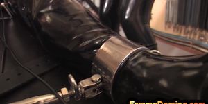 CFNM femdom MILF in latex teases bound sub with dick pump
