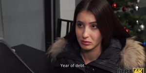 DEBT4k. All-natural brunette does her best to get money (April Storm)