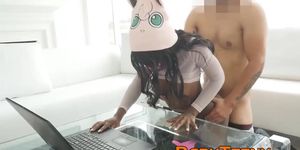 Nerdy ebony teen Noemie Bilas learns how to properly fuck