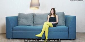European shy girl is making her first solo video on camera