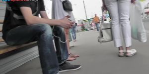Filming upskirt bus stop action with amateur chick