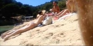 Topless friends at river beach (Sunny Day, Amanda Logue)