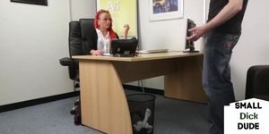 Redhead femdom humiliates tiny cock guy at interview (Tiny Dick)