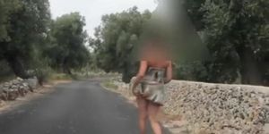 Exhibitionist flashing in the country road