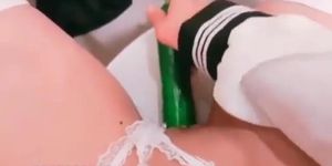Chinese girl buying cucumbers and use it to masturbate in public toilet