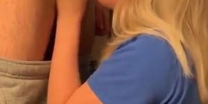 Cute blonde wife gives blowjob and strokes for CIM