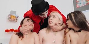 Three girls having Halloween sex with one pervy magician