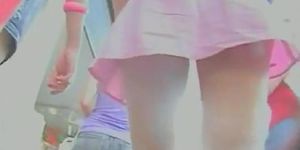 pink top and white mini skirt thong upskirt window shopping