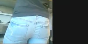 Blonde worker wearing tight jeans pants
