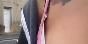 Big tits. Nipple slip outdoors (Very naughty)