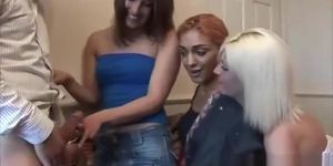 Hot CFNM babes give hot handjob to lucky guy