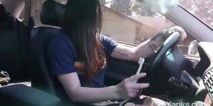 Matilda is driving and fingering her pussy during driving