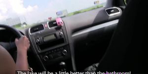 Young european lesbians fingering in car