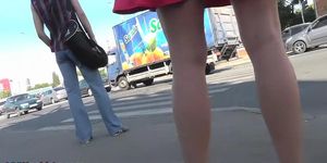 Upskirt outdoor scene with hot lady in A-line skirt