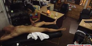 Asian girl pawns her massage table and boned at the pawnshop
