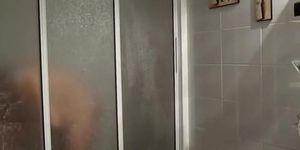 Wife takes shower and dries her curvilinear body