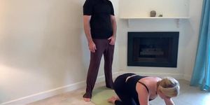 Thick blonde MILF doing yoga and fucking her stepson