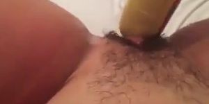 Jerking off a HAIRY pussy with a big stick of sausage