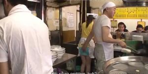 Sexy Japanese waitress Asuka gets gangbanged and creampied i