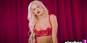 Beautiful petite blonde teen Elsa Jean posing in beautiful red lingerie
