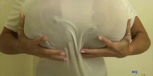 Huge fake boobs in shower