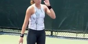 Tennis player wearing spandex pants