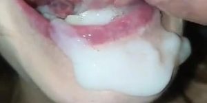 Doughy cumshot in mouth and swallows cum