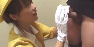 Japanese Elevator Handjob with White Gloves