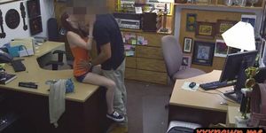 Busty redhead chick in eye glasses gets fucked in a pawnshop