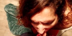 Dumb whore moans while sucking cock