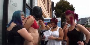 Four Dommes Publicly Humiliate Naked male slave