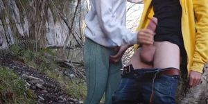 Asian milf jerks stranger s big dick in the woods - outdoor handjob cumshot