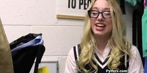 Dress stealing blonde in glasses gags on officers dick (Blondie Anderson)