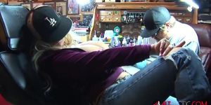 Shyla Stylez gets tattooed while playing with her boobs