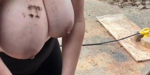 Big boobs out while doing handy work